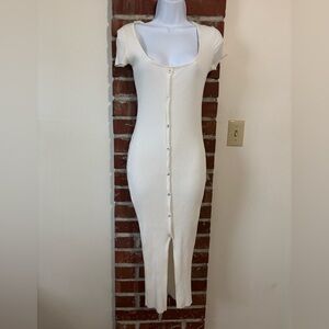Zara White Ribbed Midi Dress with Front Slit